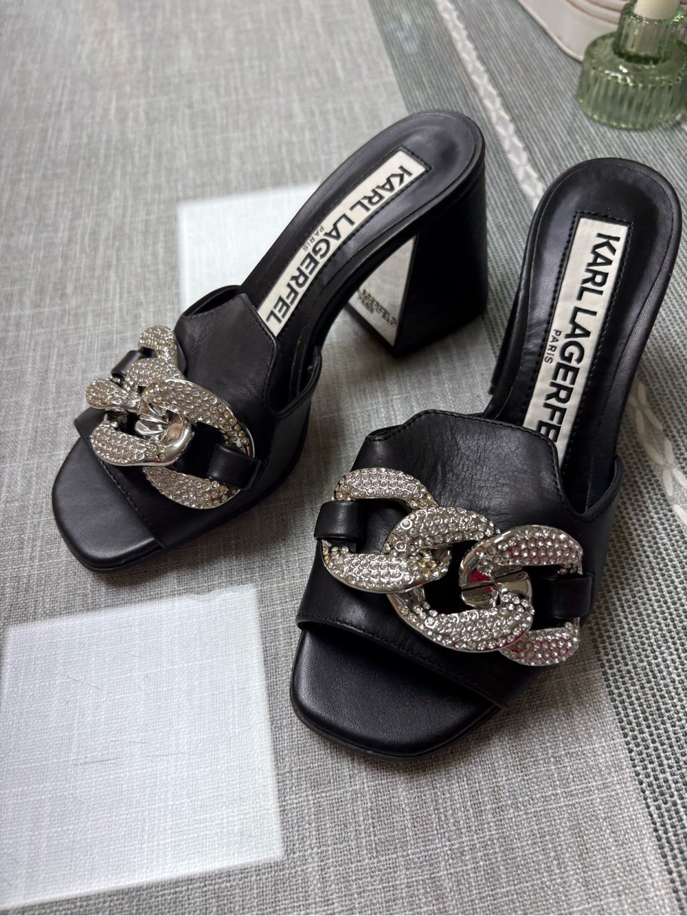 Karl Lagerfeld Black Rhinestone Chain Mule Heels size 6